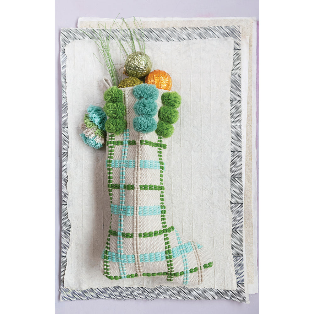 
            
                Load image into Gallery viewer, Blue and Green Pom Pom and Tassel Stocking
            
        
