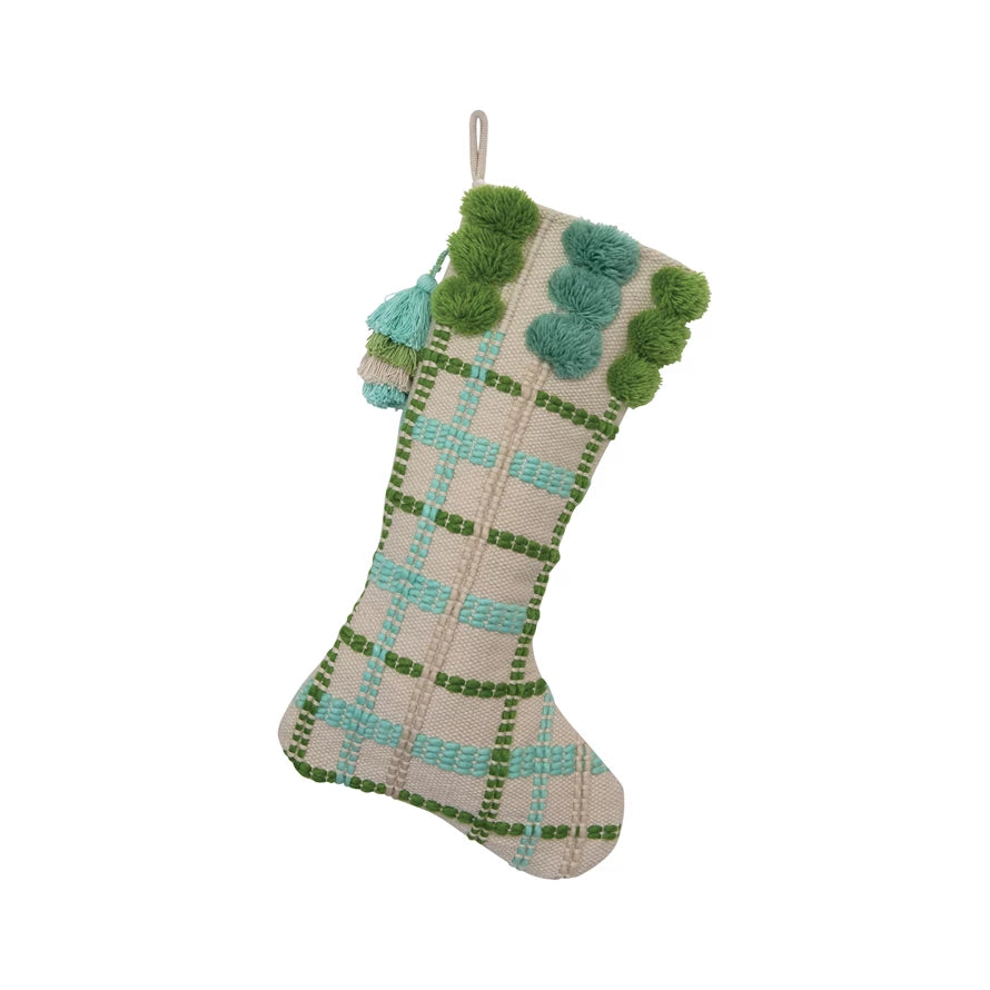 Blue and Green Pom Pom and Tassel Stocking